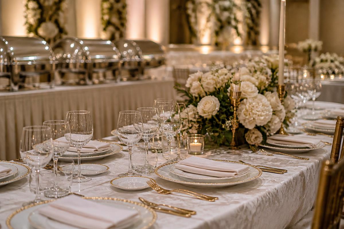 Elegant wedding table setting with hired crockery, gold cutlery, glassware and chafing dishes