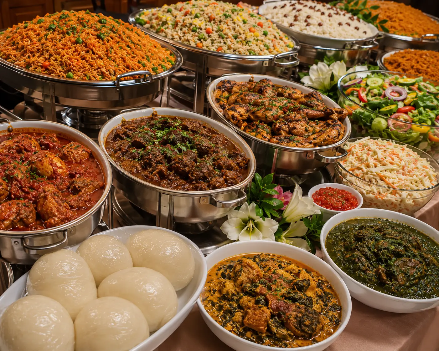 Vibrant West African buffet spread with jollof rice, fried rice, stews, grilled meats, pounded yam and fresh salads