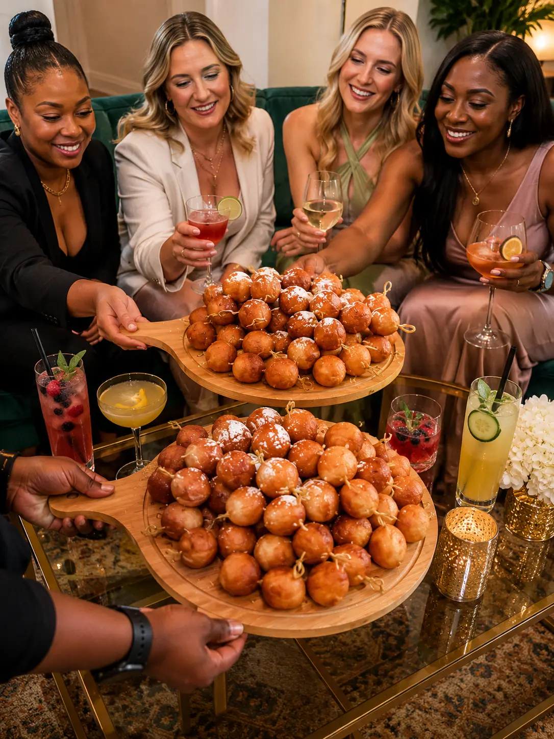 Guests enjoying a tiered puff puff service with cocktails at an elegant special event