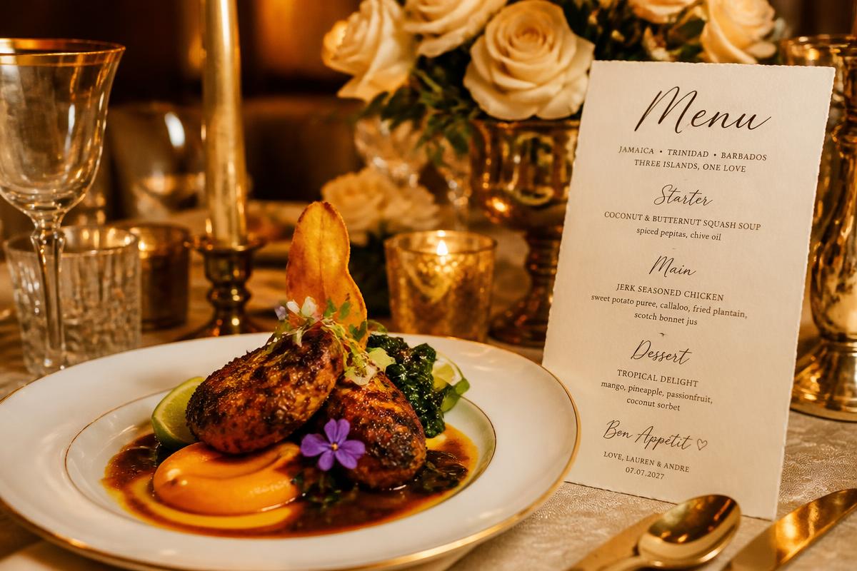 Bespoke wedding menu card beside a plated Afro-Caribbean fine dining dish