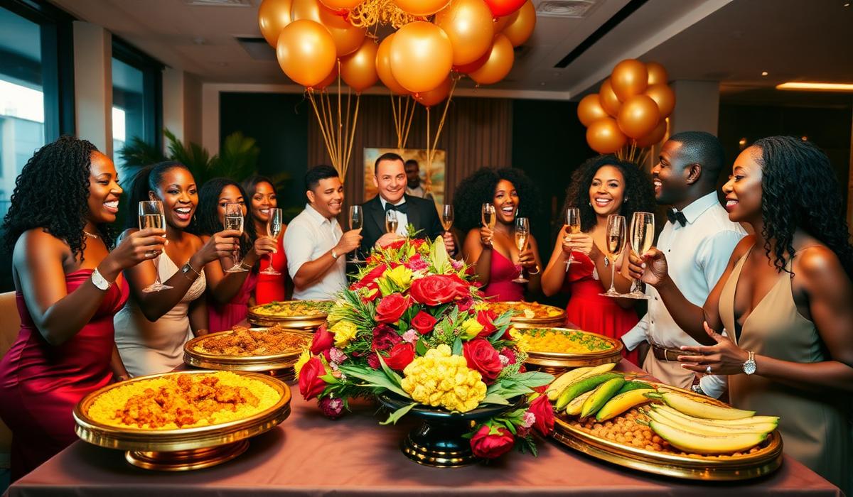 Guests celebrating a special occasion with vibrant Afro-Caribbean catering and champagne toasts