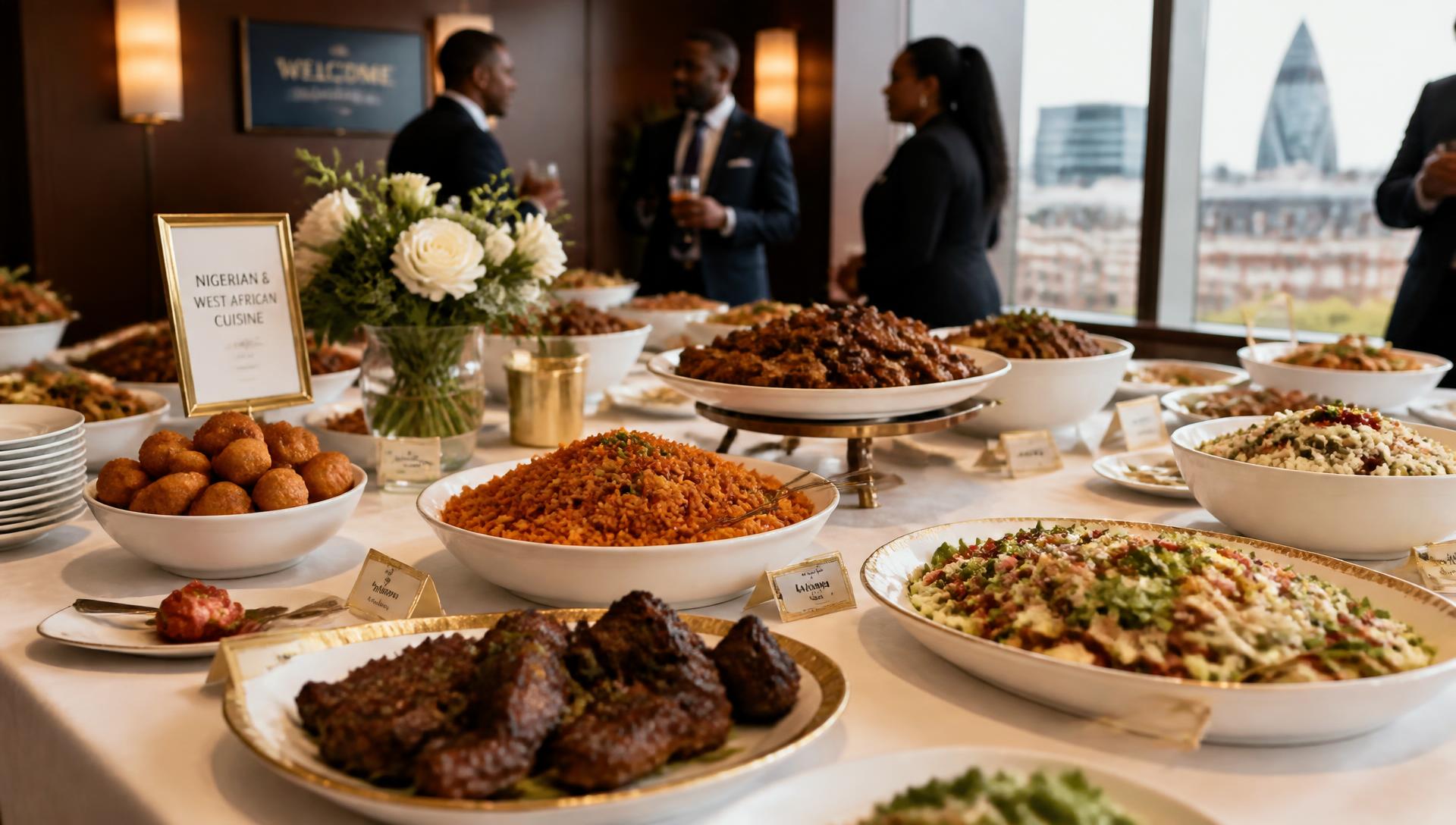 Premium corporate buffet lunch with Nigerian and West African dishes in an elegant boardroom