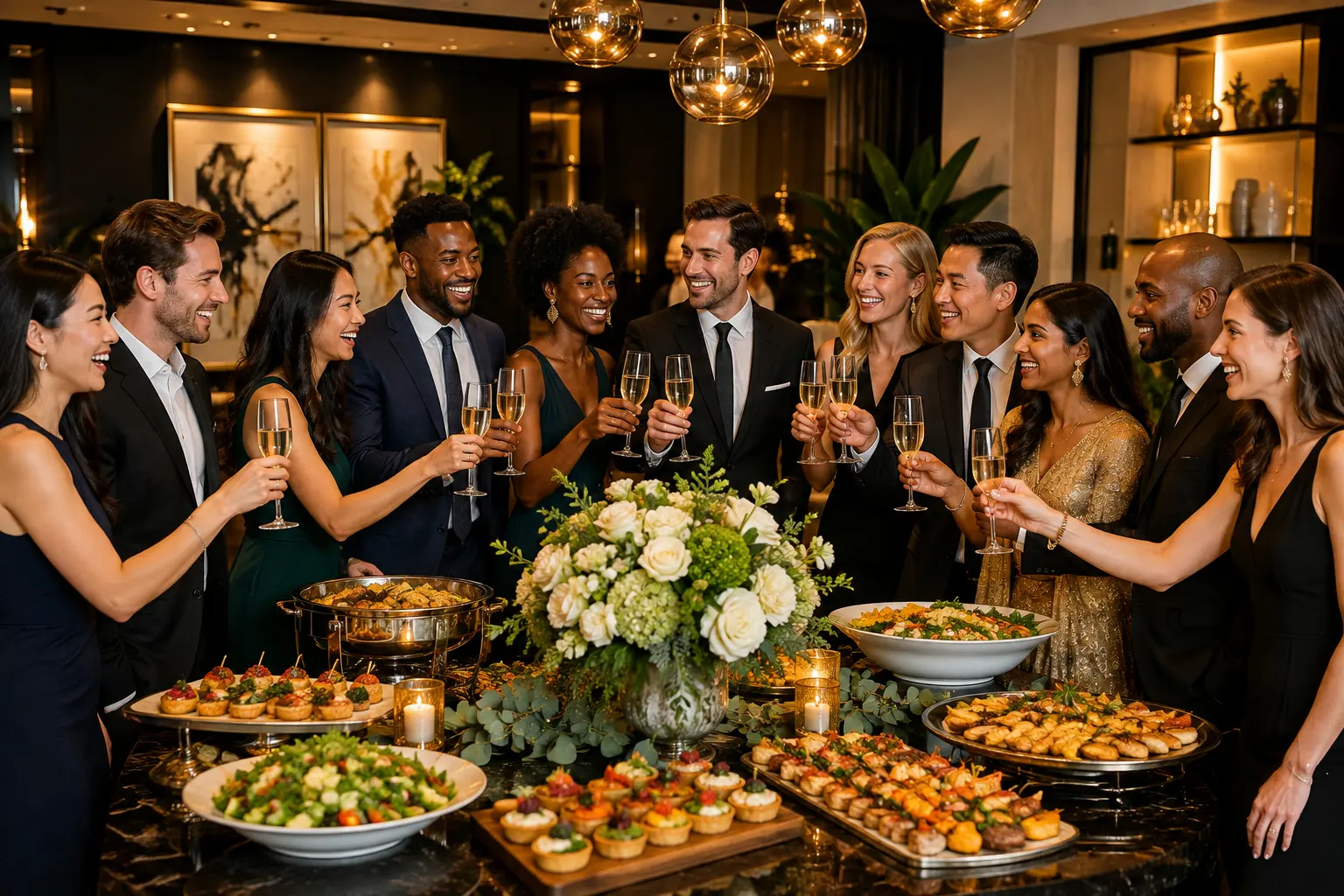 Elegant guests toasting at a luxury Nigerian and West African catered celebration with champagne and abundant platters