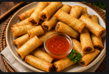 Crispy golden vegetable spring rolls served with sweet chilli dipping sauce