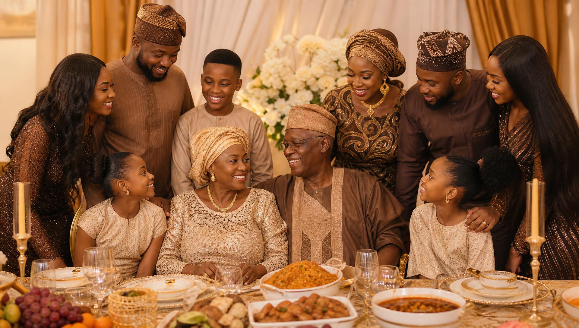Multi-generational family celebration around an elegant dining table