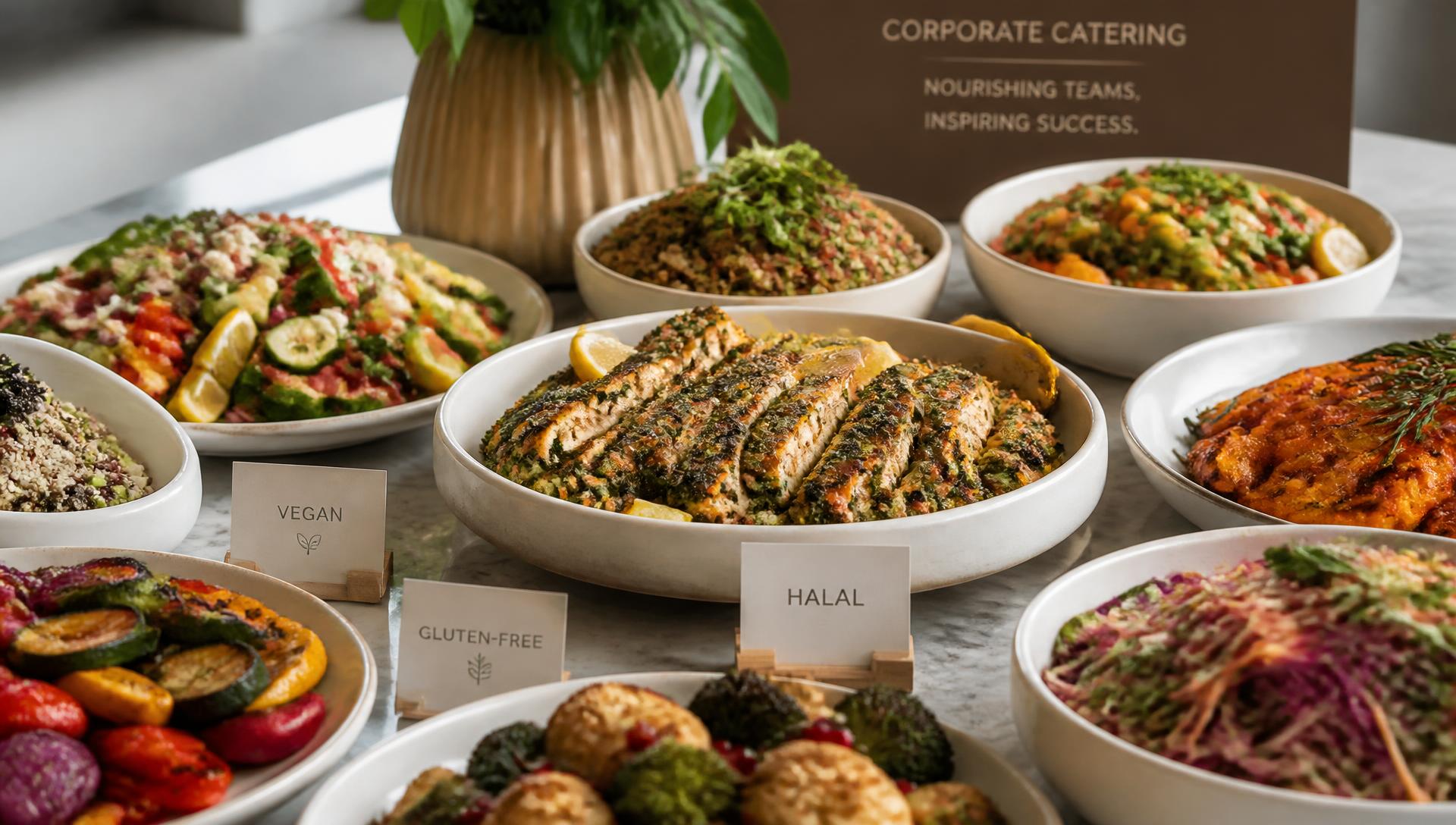 Vegan, halal and gluten-free corporate catering dishes with elegant dietary labels