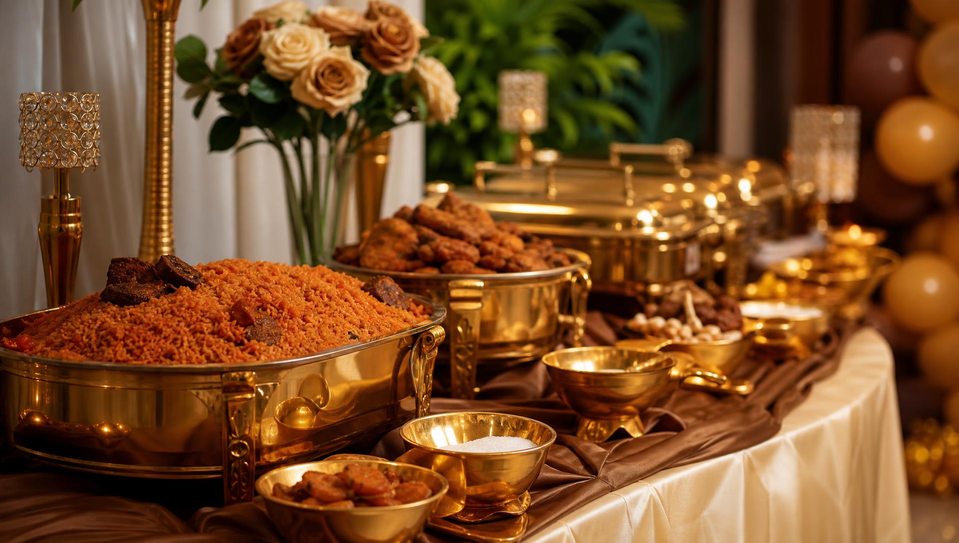 Elegant birthday celebration buffet with jollof rice and gold decorations