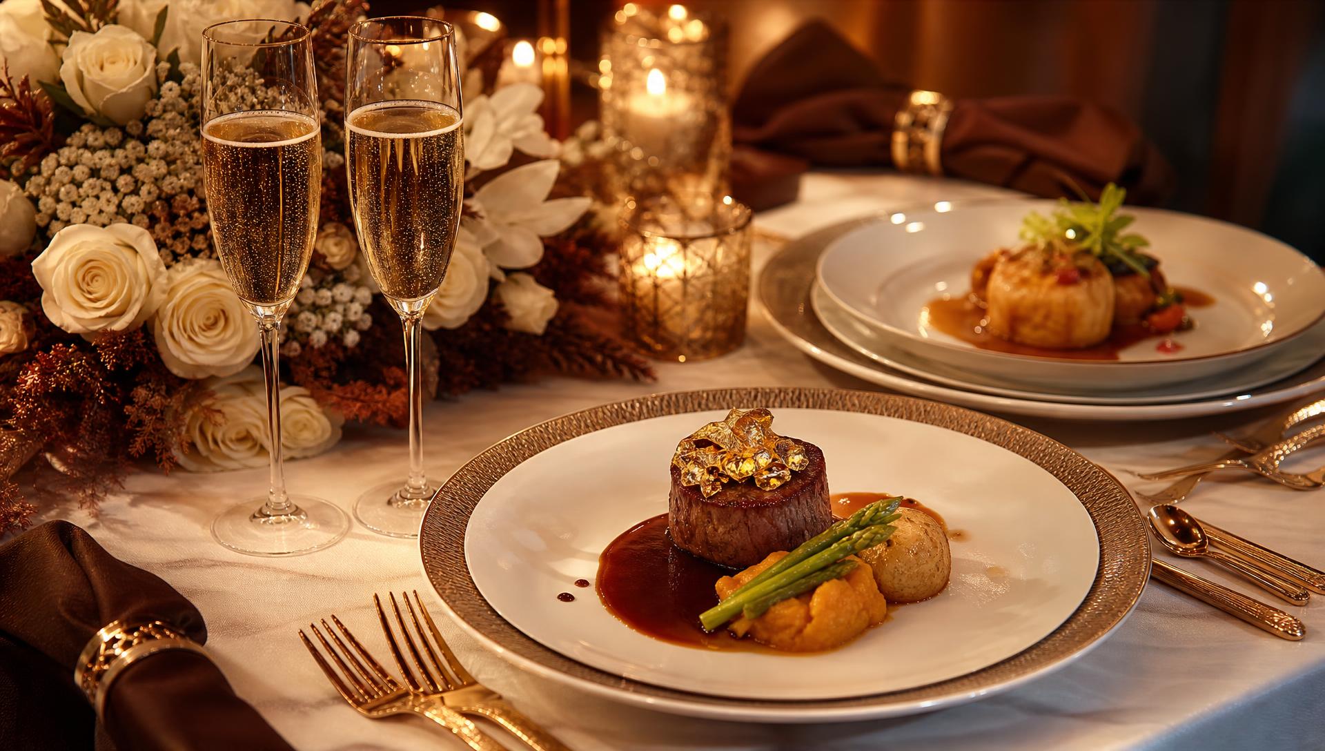 Romantic anniversary engagement dinner with fine dining and candlelight