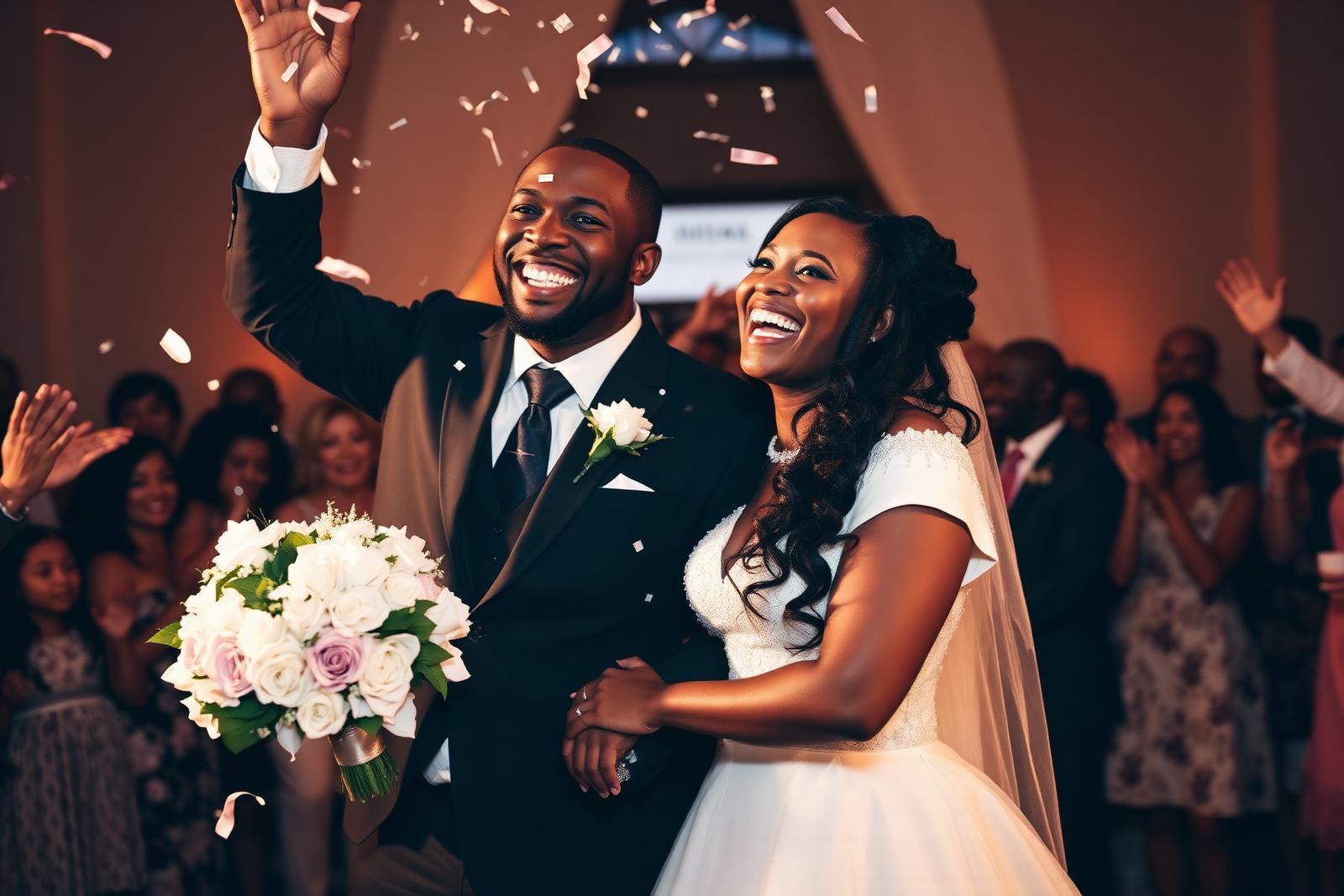Newlywed couple celebrating on their wedding day surrounded by guests