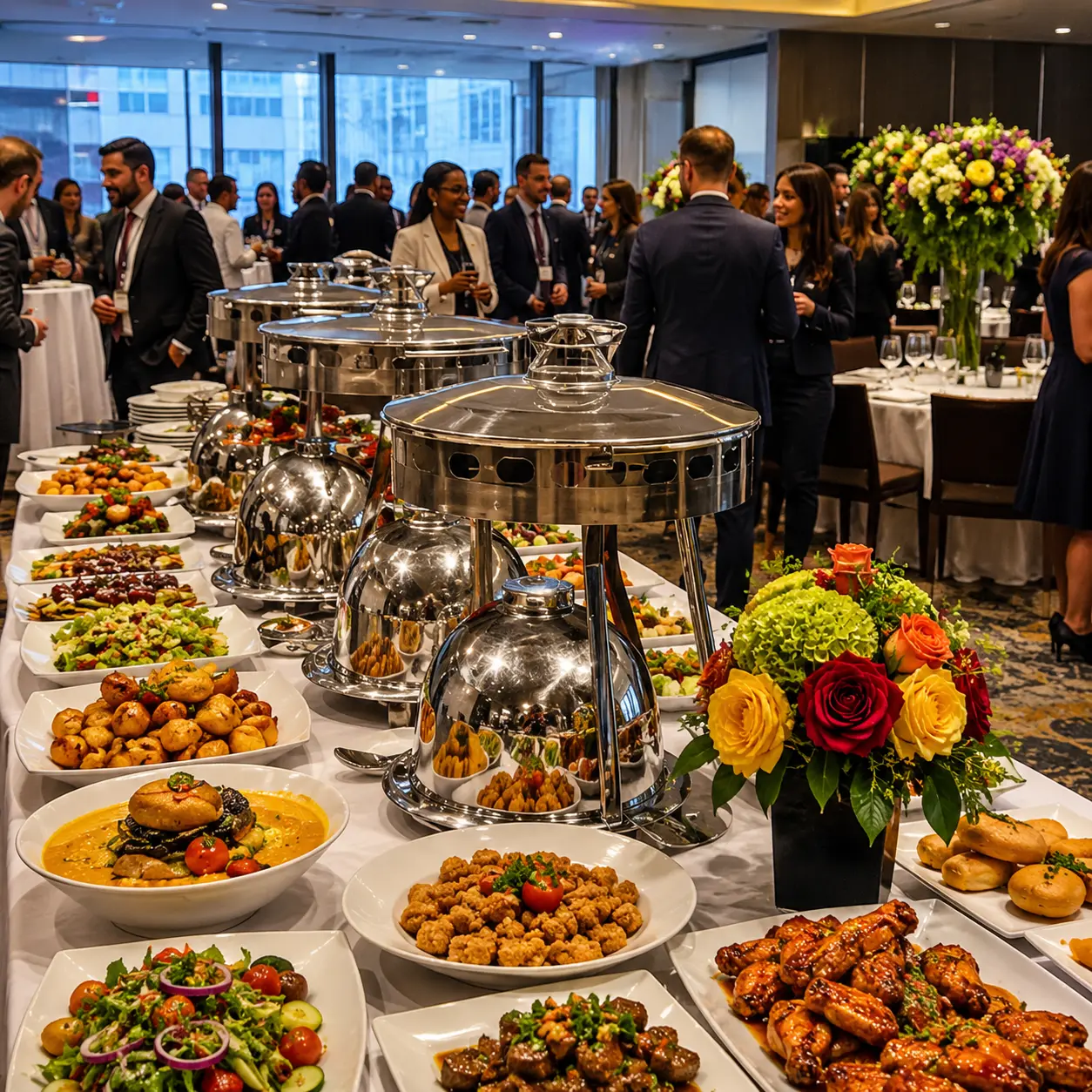 Elegant corporate event buffet with chafing dishes, canapes and professionals networking in the background