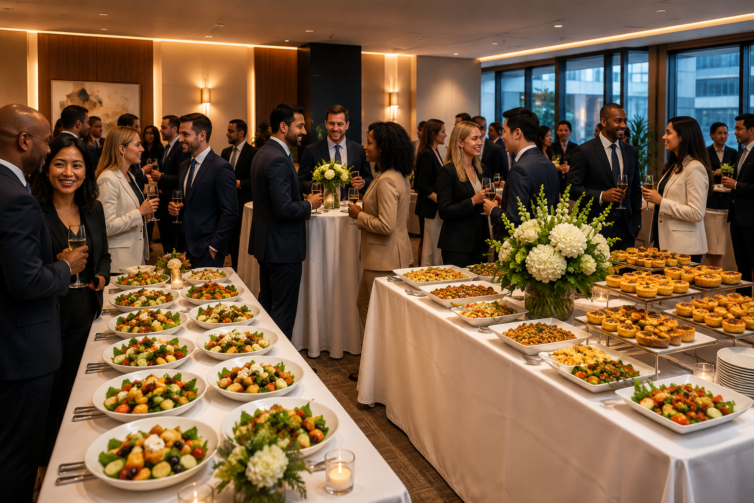 Corporate professionals networking at an elegant business event with premium buffet catering and champagne reception