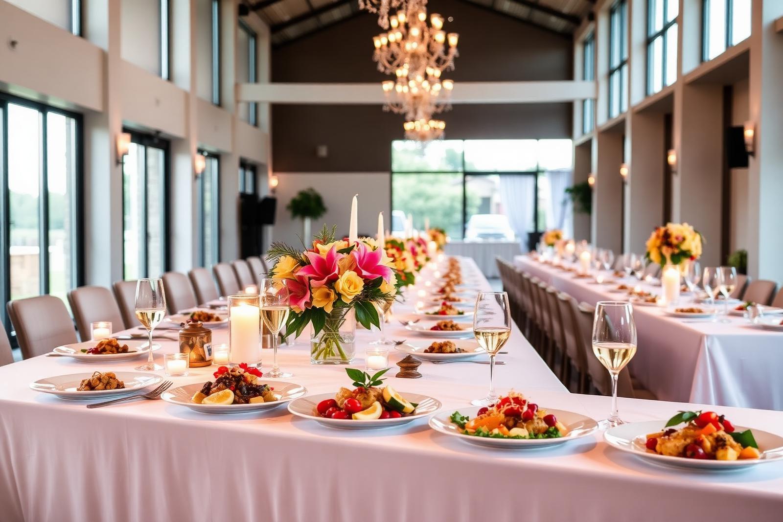 Elegant wedding reception with beautifully set long tables, floral centerpieces and champagne