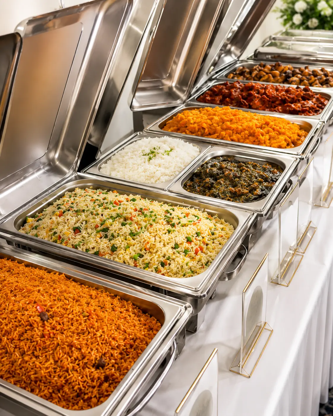 Chafing dishes of jollof rice, fried rice, white rice, efo riro, plantain and stewed meats at a live buffet
