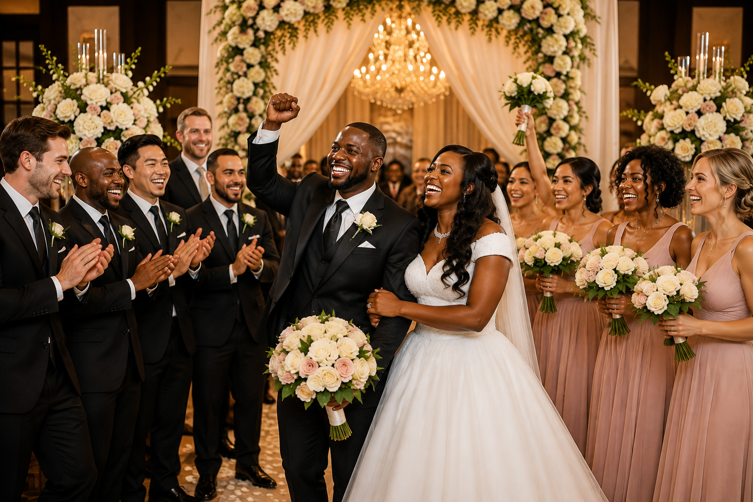 Joyful newlywed couple celebrating with their wedding party in an elegant reception venue