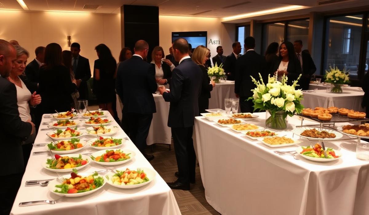 Corporate event catering with elegant buffet and business professionals networking